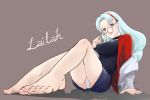  1girl aqua_eyes barefoot blue_hair blush breasts character_name choker coat english glasses grey_background hairband lailah_(tales) long_hair open_mouth panties simple_background skirt tales_of_(series) tales_of_zestiria underwear 