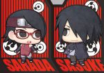  1boy 1girl @_@ arm_warmers bike_shorts black_hair boruto:_the_movie cloak father_and_daughter forehead_protector glasses hair_over_one_eye naruto official_art sharingan sleeveless smile striped_background thigh-highs uchiha_sarada uchiha_sasuke yuupon 