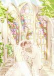  2boys bouquet bridal_veil bride brown_hair church closed_eyes couple cross crossdressinging flower hand_on_shoulder hezeo_(suz888) ikari_shinji kiss male_focus multiple_boys nagisa_kaworu neon_genesis_evangelion silver_hair tuxedo veil wedding wedding_dress yaoi 