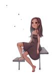  1girl bangs bare_legs barefoot brown_eyes brown_hair child choker dark_skin dress food fruit grapes hantoumei_namako long_hair parted_bangs simple_background solo tongue tongue_out white_background 