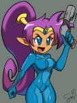  1girl blue_eyes cosplay gun metroid nintendo ponytail purple_hair samus_aran samus_aran_(cosplay) shantae shantae_(character) simple_background thick_thighs weapon wide_hips zero_suit 
