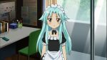  1girl blue_hair blush chair haiyore!_nyaruko-san indoors long_hair maid maid_headdress shantak_(nyaruko-san) solo standing tagme 
