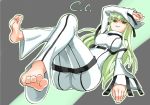  1girl ass barefoot bodysuit breasts c.c. code_geass feet green_eyes green_hair grin legs_crossed long_hair looking_at_viewer simple_background sitting smile solo toes yuzu_gin_(pika97) 