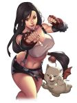  1girl black_hair breasts cleavage earrings erect_nipples final_fantasy final_fantasy_vii fingerless_gloves gloves jewelry large_breasts long_hair miniskirt navel simple_background skirt suspenders tagme tank_top tifa_lockhart 