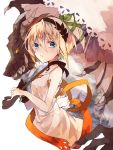  1girl bare_shoulders blue_eyes breasts choker dragon dress edna_(tales) gloves hairband open_mouth orange_hair ribbon short_hair side_ponytail simple_background tales_of_(series) tales_of_zestiria umbrella 
