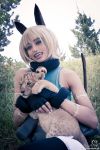  1girl bell bell_collar belt cat_ears cat_tail collar cosplay cub fangs female fingerless_gloves gloves lion lion_cub midriff ms._fortune_(skullgirls) nadia_fortune_(cosplay) photo pouch scar skullgirls tail the_mirror_melts white_hair 