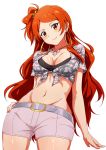  1girl absurdres ayano_yuu_(sonma_1426) blush breasts cowboy_shot earrings hand_on_hip highres hoop_earrings idolmaster idolmaster_million_live! jewelry long_hair looking_at_viewer navel older one_side_up oogami_tamaki orange_hair short_shorts shorts simple_background smile solo very_long_hair white_background 