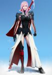  1girl armor breastplate cape final_fantasy final_fantasy_xiii full_body gradient gradient_background karl_liversidge lightning_farron lightning_returns:_final_fantasy_xiii pink_hair popped_collar solo standing sword 