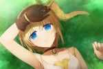  1girl bare_shoulders blonde_hair blue_eyes breasts choker dress edna_(tales) gloves gradient gradient_background grass hair_ornament lying open_mouth ribbon short_hair side_ponytail tales_of_(series) tales_of_zestiria 