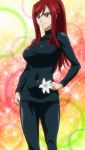  1girl breasts brown_eyes erza_scarlet fairy_tail female flower gradient gradient_background highres large_breasts latex latex_suit long_hair ponytail redhead screencap solo standing stitched 