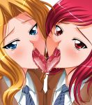  2girls blush kiss multiple_girls saliva school_uniform simple_background tongue tongue_out yuri 