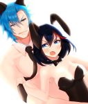  1boy 1girl animal_ears black_hair blue_eyes blue_hair bow bowtie breasts bunny_girl bunnysuit cleavage detached_collar fang kill_la_kill leotard licking_lips matoi_ryuuko mikisugi_aikurou mingou91 multicolored_hair necktie rabbit_ears shirtless short_hair simple_background strapless streaked_hair tongue tongue_out topless transparent_background 