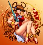  1girl 90s anklet blush bracelet breasts brown_hair china_dress chinese_clothes dress female gradient gradient_background green_eyes hair_rings jewelry john_r large_breasts long_hair mamono_hunter_youko mano_youko panties pantyshot pink_panties shoes side_slit sitting smile solo sword twintails underwear weapon yin_yang 