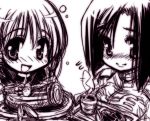  2girls drink food gundam gundam_lost_war_chronicles hirowa_nagi military military_uniform monochrome multiple_girls noel_anderson tea uniform yuki_nakasato 