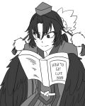  1girl artist_request book crow_tengu english feathers female harpy hat monochrome monster_girl monster_girl_encyclopedia pointy_ears reading solo sweat text wings 