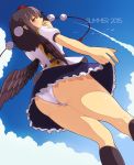  1girl ass bird_wings black_hair black_wings blue_sky blush clouds condensation_trail dominico from_below gradient gradient_background hat hat_ribbon highres looking_at_viewer panties pointy_ears pom_pom_(clothes) puffy_short_sleeves puffy_sleeves red_eyes ribbon shameimaru_aya shirt short_sleeves skirt skirt_lift sky solo tokin_hat touhou underwear upskirt white_panties wings 