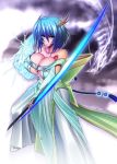  1girl bare_shoulders breasts dragon gradient gradient_background large_breasts lightning mo-frederick sword tagme 