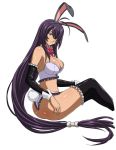  00s 1girl animal_ears ass black_legwear blue_eyes bow breasts bunny_girl bustier dark_skin female ikkitousen kan&#039;u_unchou lace lace-trimmed_thighhighs large_breasts legs long_hair long_legs looking_at_viewer looking_back purple_hair ribbon simple_background sitting solo thigh-highs thighs thong very_long_hair 