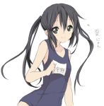  1girl black_hair brown_eyes k-on! long_hair nakano_azusa name_tag school_swimsuit simple_background smile swimsuit translation_request twintails white_background 
