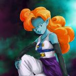  1girl blue_eyes blue_skin breasts cleavage dragon_ball dragonball_z earrings evanz gradient gradient_background jewelry lips looking_at_viewer necklace pointy_ears zangya 