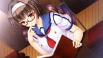  1girl black_eyes blush book braid breasts brown_hair chair game_cg glasses hairband highres hinata_sora huge_breasts library long_hair looking_down reading school_uniform sengakuji_maya serious sitting solo stray_school table upper_bnody wooden_floor 