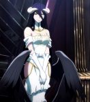  1girl albedo bare_shoulders black_hair breasts cleavage demon demon_girl dress female gloves highres hip_vent horns large_breasts long_hair looking_at_viewer overlord_(maruyama) purple_hair screencap solo stitched succubus wings yellow_eyes 