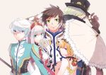  2girls 3boys aqua_eyes bare_shoulders belt blue_eyes breasts brown_hair capelet card choker coat dezel_(tales) dress earrings edna_(tales) feathers gloves green_eyes grey_hair hair_ornament hair_over_eyes hairband hat jewelry lailah_(tales) long_hair mikleo_(tales) multicolored_hair multiple_boys multiple_girls open_mouth orange_hair ponytail ribbon sharp_teeth short_hair side_ponytail simple_background smile sorey_(tales) staff tales_of_(series) tales_of_zestiria teeth umbrella violet_eyes weapon white_hair 