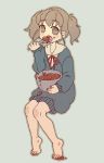  1girl barefoot bow bowl brown_hair chocolate chocolate_covered chocolate_on_clothes eating feet food hantoumei_namako open_mouth ribbon school_uniform simple_background twintails 