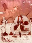  1girl barefoot boots bow cake child chocolate clock cream food fork gothic_lolita gradient gradient_background hantoumei_namako hat lolita_fashion macaron monochrome pocky redhead solo star strawberry teapot tongue tongue_out top_hat very_long_hair violet_eyes 