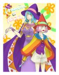  2girls artist_request blue_hair bow breasts cape cloak drawcia dress earrings fingerless_gloves gloves hal_laboratory_inc. hat hoshi_no_kirby jewelry kirby_(series) kirby_canvas_curse kirby_triple_deluxe long_hair looking_at_viewer multiple_girls nail_polish nintendo open_mouth paintra personification pink_hair short_hair shorts simple_background smile touch_kirby! vest yellow_eyes 
