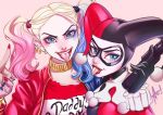  2girls alan_campos batman_(series) blonde_hair blue_eyes dc_comics dual_persona earrings eyeshadow female harley_quinn jewelry lipstick looking_at_viewer makeup mask multiple_girls open_mouth red_lipstick tied_hair tongue tongue_out twintails 