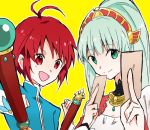  1boy 1girl ahoge aqua_eyes blue_hair card hair_ornament lailah_(tales) long_hair mao_(tales) open_mouth ponytail red_eyes redhead short_hair simple_background smile tales_of_(series) tales_of_rebirth tales_of_zestiria weapon yellow_background 