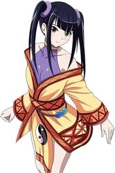  00s 1girl black_hair female ikkitousen long_hair looking_at_viewer official_art saji_genpou_(true) twintails white_background yellow_eyes 