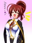  1girl ahoge arc_system_works blazblue blush breasts brown_hair cape celica_a_mercury closed_eyes gradient gradient_background hair_ribbon long_hair open_mouth ponytail ribbon school_uniform smile solo yaeba 