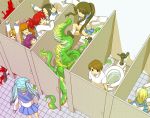  1boy bathroom blood from_above monster multiple_girls restroom school_uniform serafuku skirt tentacle toilet twintails 