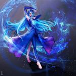 1girl aqua_(fire_emblem_if) blue_hair breasts dancer female fire_emblem fire_emblem_if gradient gradient_background long_hair nintendo water yellow_eyes 
