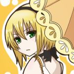  1girl bare_shoulders blonde_hair choker dress edna_(tales) green_eyes hairband orange_background ribbon short_hair simple_background tales_of_(series) tales_of_zestiria umbrella 