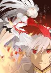  1boy 1girl breasts choker closed_eyes dress earrings feathers fire gradient gradient_background grey_hair jewelry lailah_(tales) red_background red_eyes ribbon short_hair sorey_(tales) tales_of_(series) tales_of_zestiria very_long_hair white_hair 