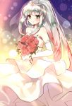  1girl aqua_eyes bare_shoulders blush breasts crown dress elbow_gloves flower gloves gradient gradient_background jewelry lailah_(tales) long_hair multicolored_hair necklace rose silver_hair smile tales_of_(series) tales_of_zestiria veil wedding wedding_dress 