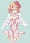  1girl angel angel_wings barefoot blonde_hair dress feet flower green_eyes hantoumei_namako short_hair simple_background smile wariza wings 