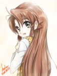  1girl brown_hair gradient gradient_background green_eyes kem_kem koshigaya_komari long_hair looking_back non_non_biyori smile 