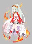  1girl aqua_eyes breasts dress fire grey_background hair_ornament jewelry lailah_(tales) multicolored_hair ponytail shoes silver_hair simple_background smile tales_of_(series) tales_of_zestiria very_long_hair 