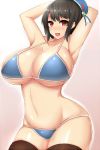  1girl armpits arms_behind_head bikini black_hair blush breasts female futoshi_(suraimu) gradient gradient_background happy kantai_collection large_breasts looking_at_viewer open_mouth solo swimsuit takao_(kantai_collection) thigh-highs 