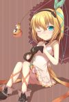  1girl aqua_eyes bare_shoulders breasts choker doll dress edna_(tales) flower gloves hair_ornament hairband one_eye_closed orange_hair panties ribbon shoes short_hair side_ponytail smile striped_background tales_of_(series) tales_of_zestiria umbrella underwear wink 