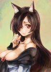  1girl animal_ears bare_shoulders breasts brooch brown_hair fang hair_over_one_eye imaizumi_kagerou jewelry large_breasts long_hair looking_at_viewer off_shoulder red_eyes solo touhou upper_body wolf_ears yohane 
