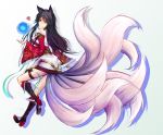  &lt;3 1girl ahri animal_ears bare_shoulders black_hair boots closed_mouth detached_sleeves female fox_ears fox_tail heart high_heels hⅱro league_of_legends long_hair long_sleeves looking_at_viewer magic sleeves_past_wrists smile solo tail traditional_clothes white_background yellow_eyes 