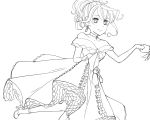  1girl alisha_diphda bare_shoulders breasts choker cleavage dress earrings feathers flower frills gloves high_heels jewelry long_hair monochrome ponytail ribbon rose shoes smile sorey_(tales) tales_of_(series) tales_of_zestiria 