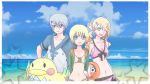  1boy 2girls alisha_diphda bare_shoulders beach bikini blonde_hair blue_eyes blue_hair breasts cleavage clouds doll edna_(tales) flat_chest hair_ornament hairclip jacket long_hair midriff mikleo_(tales) multiple_girls navel ocean one_eye_closed open_mouth ribbon short_hair sky smile star swimsuit tales_of_(series) tales_of_zestiria violet_eyes wink 