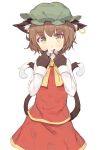  1girl animal_ears black_gloves blush brown_eyes brown_hair cat_ears cat_tail chen fang gloves hat highres jewelry long_sleeves looking_at_viewer mob_cap multiple_tails nekomata open_mouth shone simple_background single_earring solo tail touhou two_tails white_background 