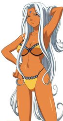  1girl aa_megami-sama bikini breasts dark_skin facial_mark forehead_mark goddess large_breasts simple_background smile swimsuit urd violet_eyes white_hair 